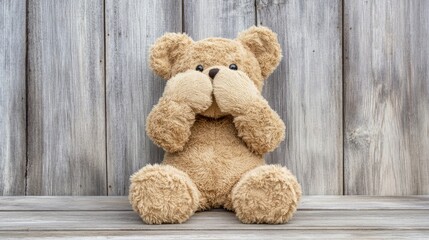 Adorable teddy bear sitting quietly against a rustic wooden background.