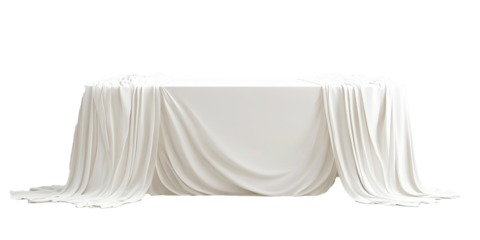 Mesa con mantel de color blanco sobre fondo transparente