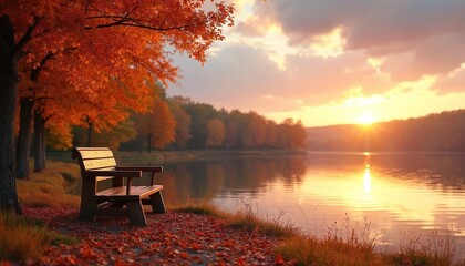 Tranquil autumn landscape with wooden bench near peaceful lake at sunset. Vibrant red foliage, fallen leaves surround seat. Colorful sky reflected on water creating mood of serene, peacefulness,