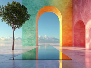 Vibrant abstract landscape with colorful arches and a tranquil water feature under a clear sky