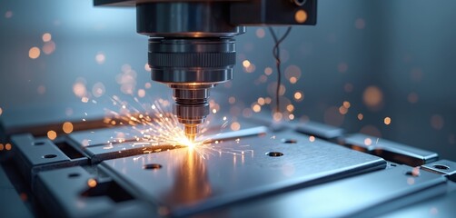 Close up of wire EDM CNC machine precisely cutting metal part. High tech industrial production process with sparks. Precision engineering, automation, metalworking concept. Modern factory equipment,