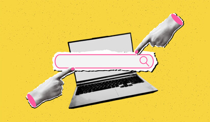 Trendy pop art collage search concept. Halftone laptop computer with search bar and cut out hands pointing on it on bold textured yellow background. Modern retro vector illustration mixed media design