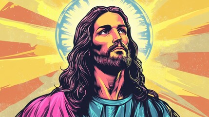 Jesus Christ portrait, vibrant colors, graphic style, religious art, possible use for faith-based prints