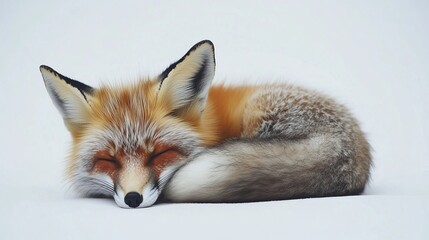 Fototapeta premium Adorable Red Fox Sleeping Peacefully in Winter Snow Fluffy Tail Wildlife Photography Nature Animal Image art cute rest cold icon furry white fauna 