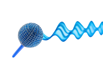 A professional podcasting microphone with an abstract soundwave in the background, emphasizing the act of broadcasting. The blue backdrop offers a sharp contrast