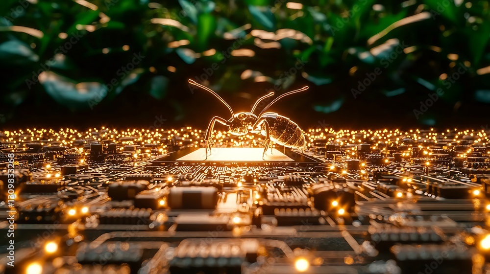 Poster close-up view of an insect on a circuit board surrounded by glowing lights and greenery