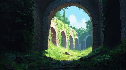 Lush Green Archway in Abandoned Stone Ruins with Overgrown Vegetation