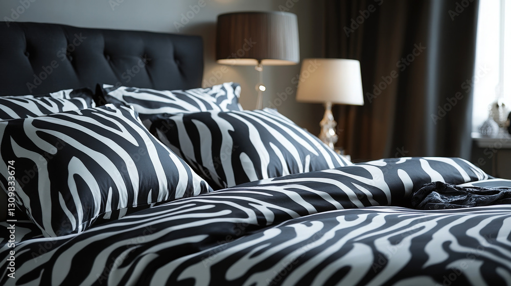 Poster zebra print bedding style. close-up of a stylish bed covered with soft zebra print bedding, complete