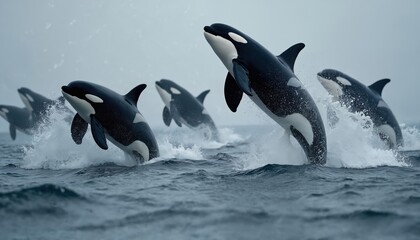 Obraz premium Killer whale pod jumping. Orcas leap out ocean water surface with splashes and water droplets. Marine wildlife, aquatic mammal family swims, hunts in sea. Power ocean animal in nature.