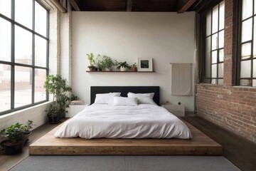Modern loft bedroom with large windows, wooden platform bed, and minimalist decor.