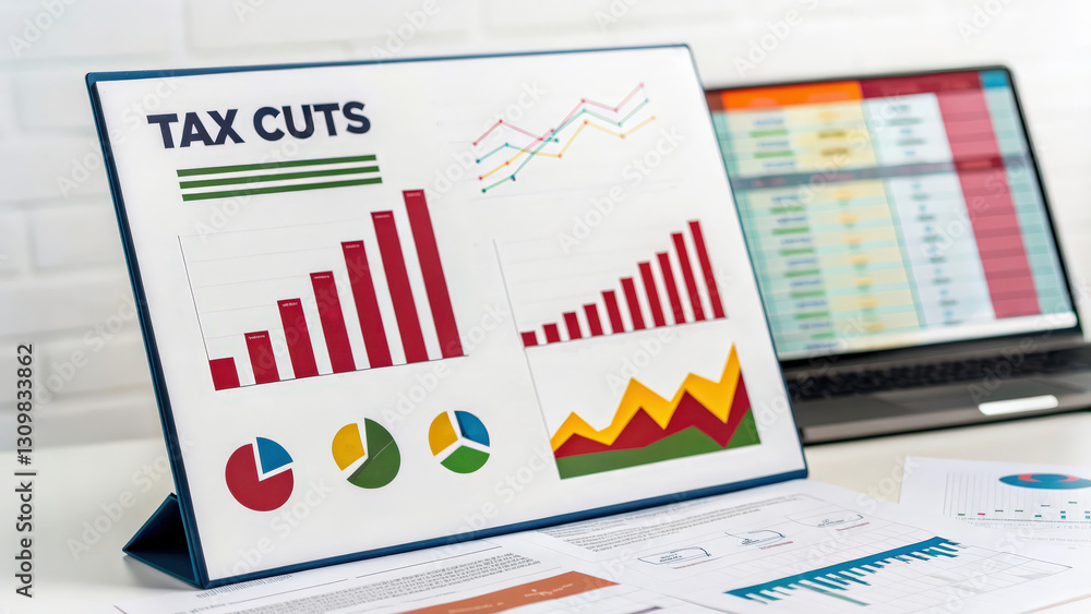 Poster business graphics showcasing tax cuts with colorful charts and data analysis on a desk.