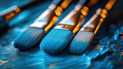 Fototapeta premium Close-up of artist paintbrushes with vibrant blue paint
