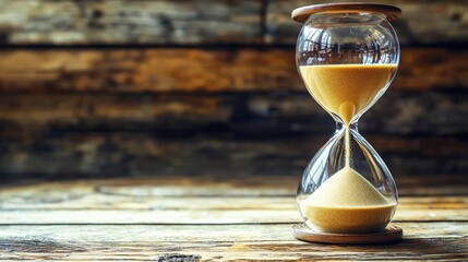 Wooden table, hourglass, flowing sand, rustic background.  Use Time concept, deadline