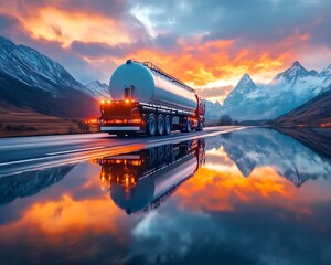 Tanker Truck Drive at Dusk by Lake Mountains
