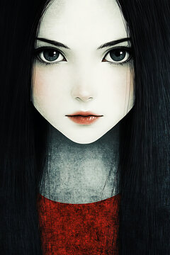 Book character girl with striking features, intense mood, facing forward, on textured background