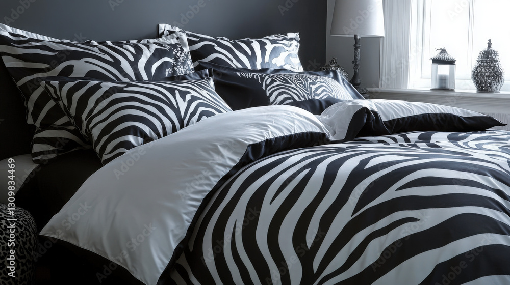 Poster zebra print bedding style. a luxurious bed is covered with zebra print bedding in black and white, c