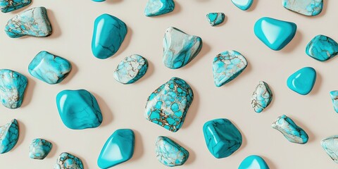 Floating turquoise stones with a vibrant blue hue on a cream background