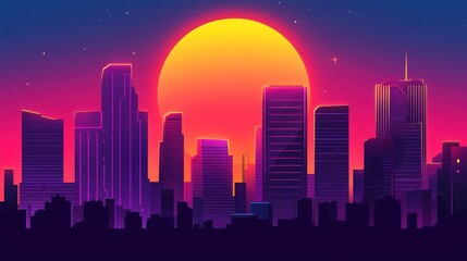 Obraz premium Vibrant Sunset Over Futuristic City Skyline with Neon Glow