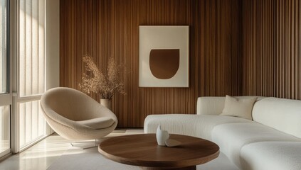 Modern minimalist living room with warm wooden paneling, beige sofa and chair, abstract art, and natural light.