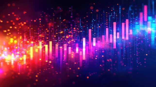 A vibrant digital visualization of sound waves featuring colorful bars and glowing particles, representing audio data and music energy.