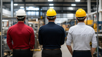Industrial Overseers: A rear view of a trio of professionals, all attired in safety helmets, walking through the industrial site, symbolizing leadership.