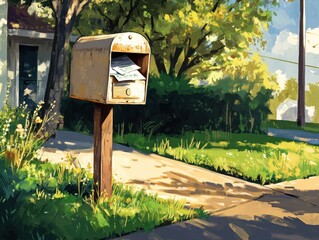 Rustic mailbox on a sunny suburban street
