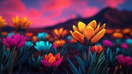 Naklejka premium Vibrant Colorful Flowers Under Dramatic Sky at Sunset