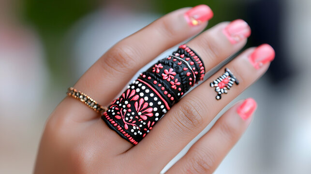 Intricate Black and Pink Henna Ring Design on Woman's Hand