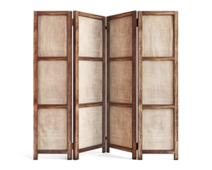 Wooden Room Divider with Beige Fabric Panels on a transparent background