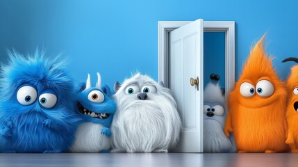 Obraz premium Bright, happy, stylish, cool unpredictable colorful monsters in funny situations.