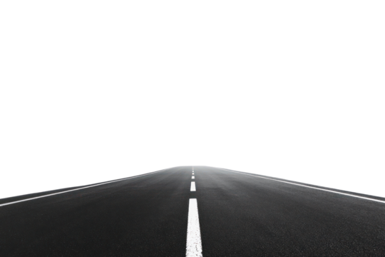 A stretch of black asphalt road with crisp white dividing lines running parallel, leading into the horizon under a clear sky, creating a sense of openness and freedom.