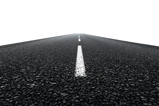 A stretch of black asphalt road with crisp white dividing lines running parallel, leading into the horizon under a clear sky, creating a sense of openness and freedom.