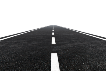 A stretch of black asphalt road with crisp white dividing lines running parallel, leading into the horizon under a clear sky, creating a sense of openness and freedom.