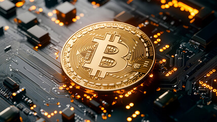 Golden Bitcoin on glowing circuit board digital currency futuristic technology