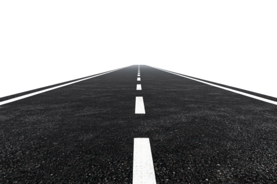 A stretch of black asphalt road with crisp white dividing lines running parallel, leading into the horizon under a clear sky, creating a sense of openness and freedom.