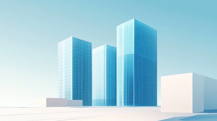 Modern glass skyscrapers, city skyline, urban development, clear sky, architectural design