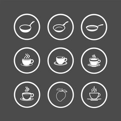 Kitchen icon set, cup of tea, cooking pan, mango