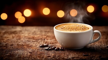 Steaming Cappuccino Rustic Coffee Cup Warm Bokeh Background Cozy Cafe Drink