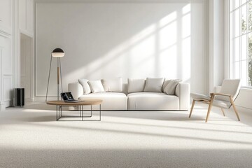 Modern minimalist living room with white sofa, armchair, and coffee table, bathed in sunlight.