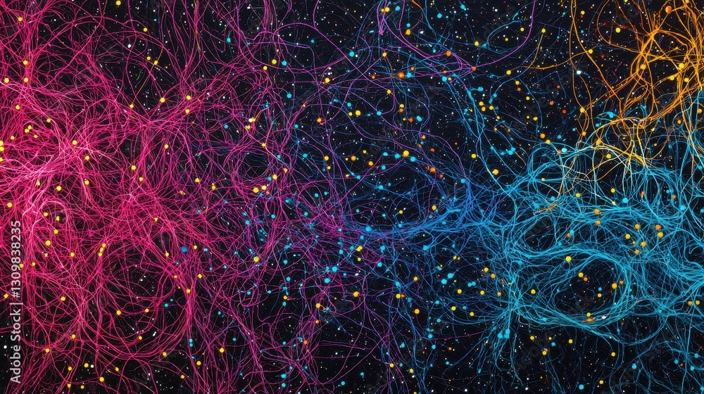 Poster colorful abstract background with lines and dots in dark space