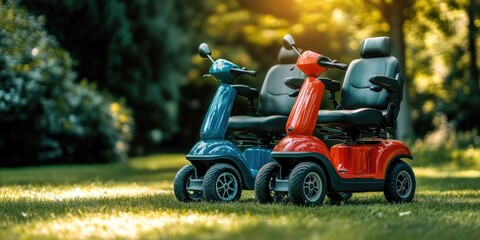Vibrant Mobility Scooters in Red and Blue on Green Grass: A Safe and Reliable Vehicle for Disabled Mobility