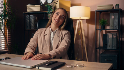 Confident relaxed Caucasian business woman female girl businesswoman office worker employee...