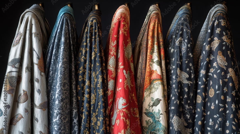 Poster nature-inspired fabric display. a collection of draped fabrics showcases nature-inspired textures an