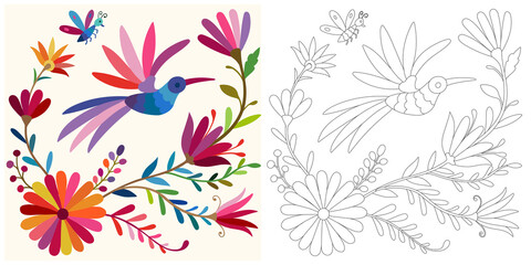 Coloring page, example for coloring, composition with flowers and animals in Mexican style