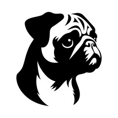 Pug's head is a black and white logo. EPS vector graphics.