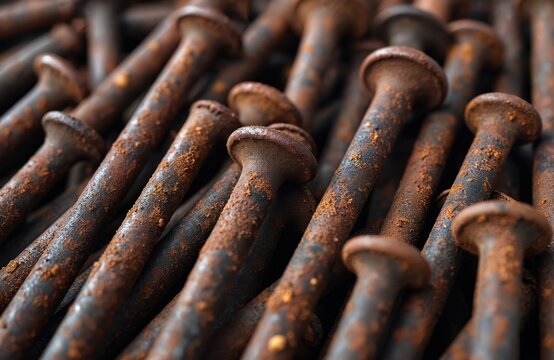 Macro photo of pile of rusted nails. Iron material surface becomes brown from deterioration. Aged rusty nails heap with corrosion, oxidation, metal decay, grungy texture. Old weathered grunge