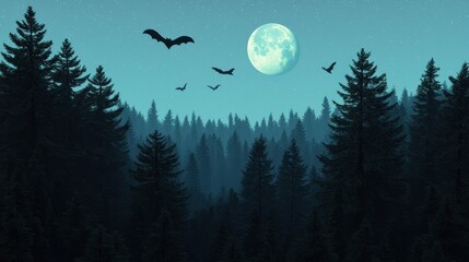 Naklejka premium Enchanted Night Scene with Bats Flying Under Full Moonlight