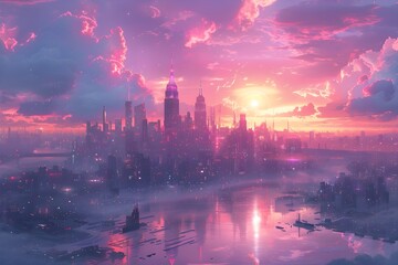 Breathtaking Futuristic Skyline of a Vibrant Metropolis at Dramatic Sunset