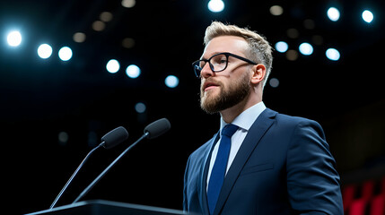 Confident Businessman Giving Keynote Speech on Stage