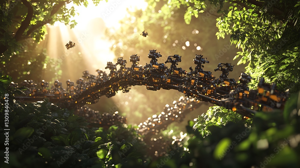 Poster a fleet of small robots working together to build a futuristic bridge in a lush forest setting with 